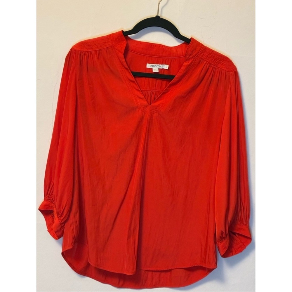 Chico's Red V-Neck Smocked Back Balloon Sleeve Blouse Top Size 1 US 8